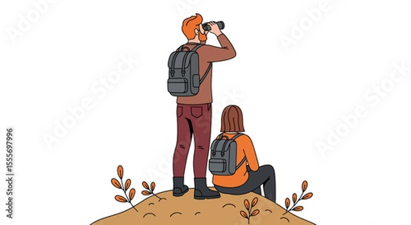 Fototapeta Couple Hiking with Backpacks, Man Using Binoculars, Vector Illustration