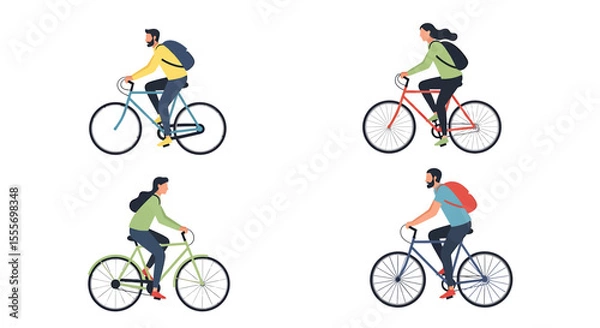 Fototapeta Four Cyclists with Backpacks Riding Bicycles in Different Colors and Styles on White Background