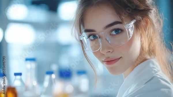 Fototapeta Portrait of a young female scientist in safety glasses and lab coat in a laboratory.