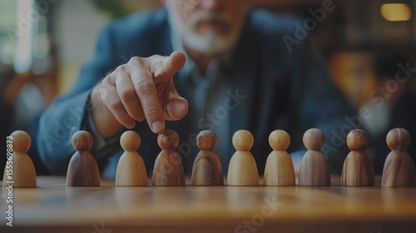 Fototapeta A man's hands in a suit select a wooden figurine among a row on a table, symbolizing leadership and choice in business, with a blurred background.