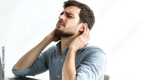 Fototapeta A man experiencing severe neck and head pain, massaging his muscles. Image on a white background.
