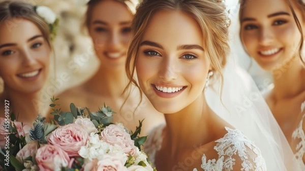 Fototapeta Happy bride with a bouquet and smiling bridesmaids in the background.