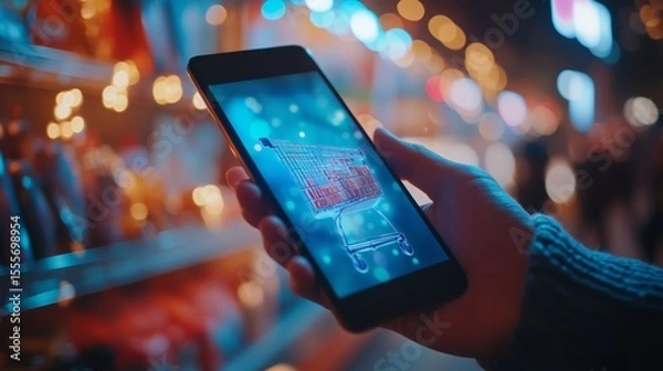 Fototapeta Person holding a smartphone with a glowing digital shopping cart icon, symbolizing mobile e-commerce, technology, and online retail.
