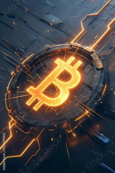 Obraz neon bitcoin symbol on a futuristic background.