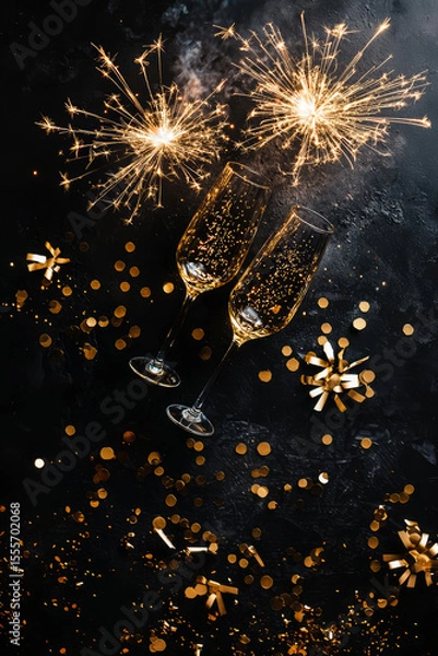 Obraz New Year 2026 greeting background with two champagne glasses and golden fireworks on a black surface. Top view layout  for holiday cards, banners, and celebratory designs.