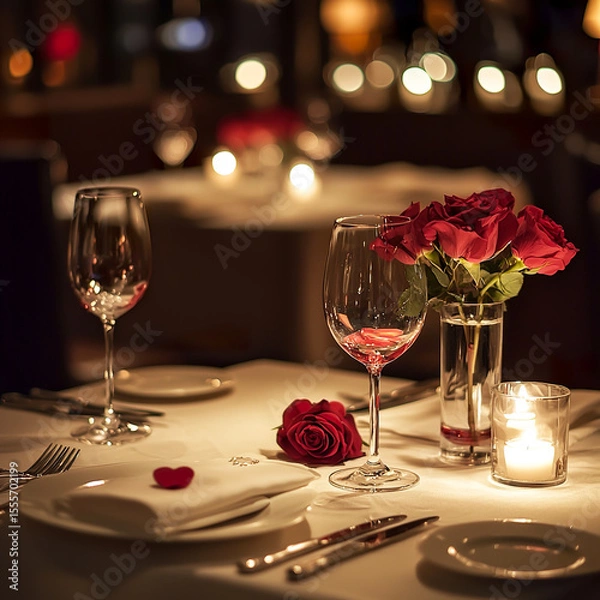 Obraz Elegant restaurant interior with beautifully arranged tables, warm lighting, and sophisticated decor.  dining promotions and culinary advertising visuals.