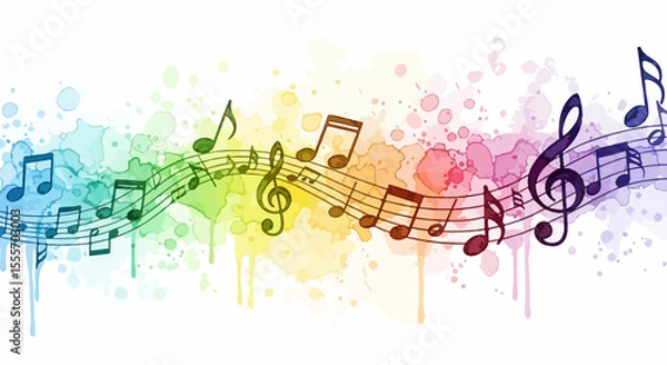 Fototapeta A colorful watercolor artwork featuring abstract music notes and flowing splashes in soft hues, expressing rhythm and creativity