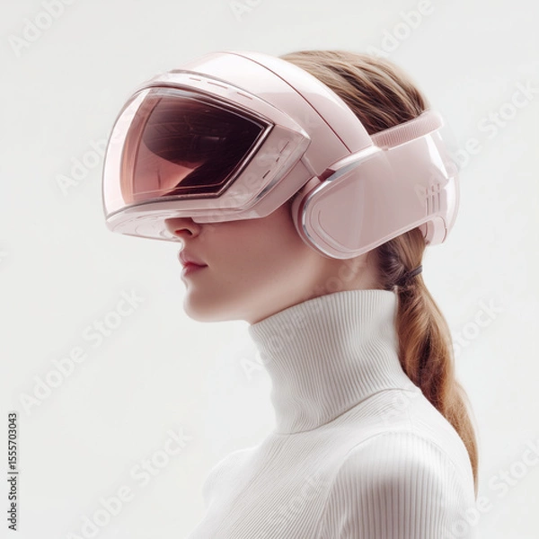 Obraz Beautiful Woman Wearing a Pink VR Headset and White Turtleneck