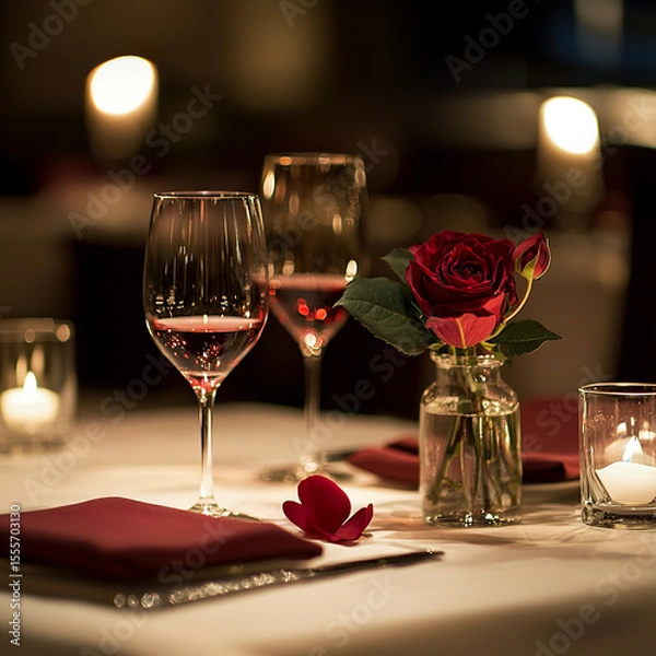 Obraz Romantic restaurant scene with a table set for two, red roses, candles, and elegant tableware. Valentine’s Day, anniversaries, and fine dining promotions.