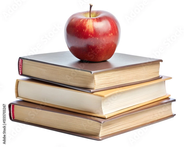 Fototapeta A red apple rests atop a stack of books isolated on transparent background, symbolizing education and knowledge