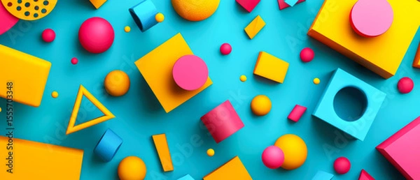 Obraz 3D composition with bright geometric elements such as cubes, cones, and spheres arranged randomly on a dark background. 