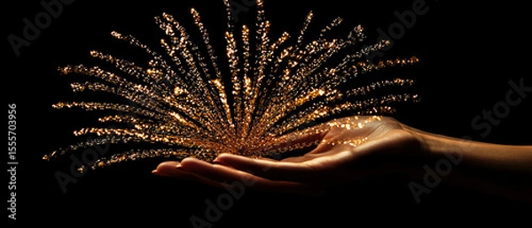 Obraz Hand holding a burst of golden sparks against a black background. Suitable for celebration, New Year greetings, festive designs, and holiday advertising visuals.