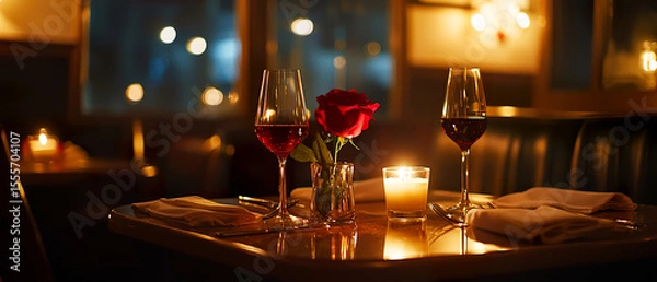 Obraz Evening home dinner scene with candles, wine glasses, and warm ambient lighting creating a romantic atmosphere. lifestyle, holiday, and food promotions.