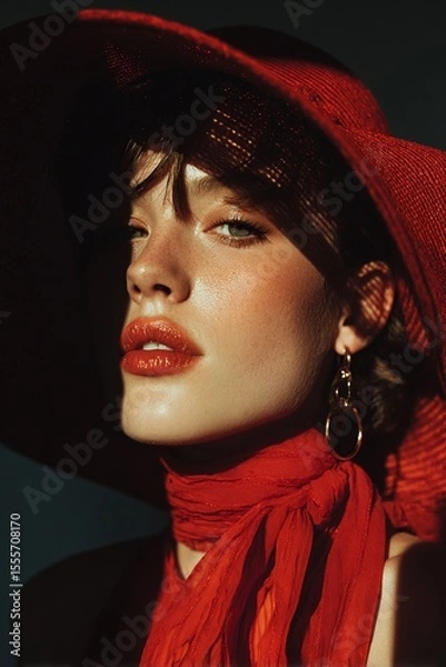 Fototapeta Fashion Photography.Striking portrait of a woman in a red hat and scarf, captured in dramatic light.  Elegance and allure emanate from her gaze and style.