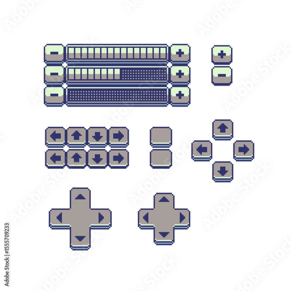 Fototapeta Set of pixel art interface elements in retro 8-bit style, including directional buttons, D-pads, sliders, and plus minus keys, video game HUD design, fantasy RPGs, retro-inspired projects.