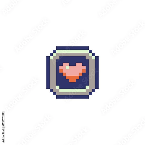Fototapeta Minimalist pixel art heart icon in 8-bit retro style, enclosed in a rounded square frame. Perfect for video game UI, health indicators, nostalgic games, or digital pixel art collections.