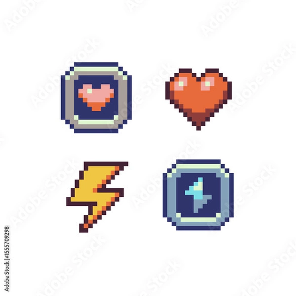 Fototapeta pixel art icons in 8-bit retro style, health, energy symbols, lightning bolts, framed, ideal for use in video game HUDs, RPG interfaces, or pixel-based UI design.