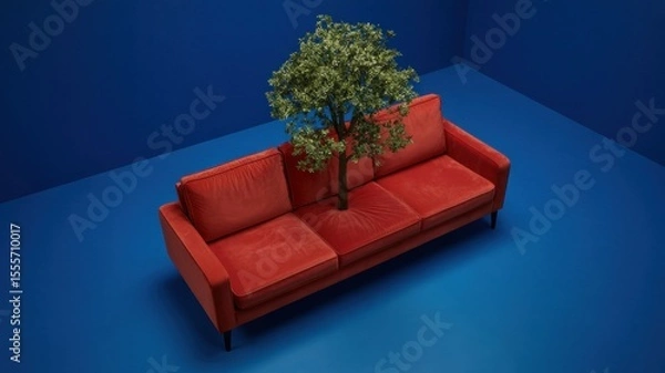 Obraz Red sofa with tree on blue floor in minimalist surreal art setting
