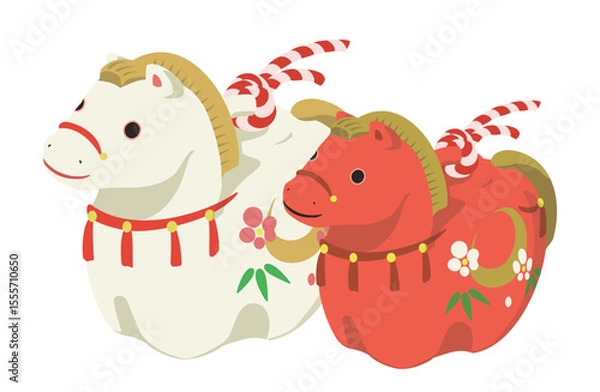 Obraz かわいい馬の土鈴のイラスト（紅白セット）