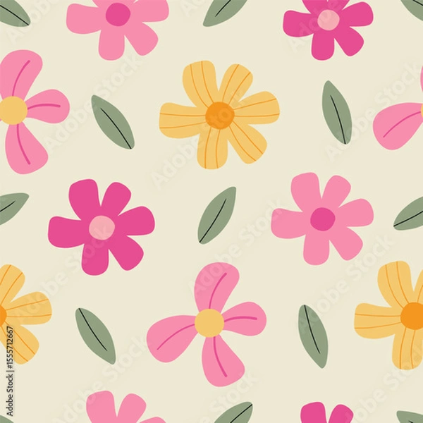 Fototapeta Seamless pattern with pink and yellow flower. Cute hand drawn floral pattern for your fabric, summer background, wallpaper, backdrop, textile. Vector illustration