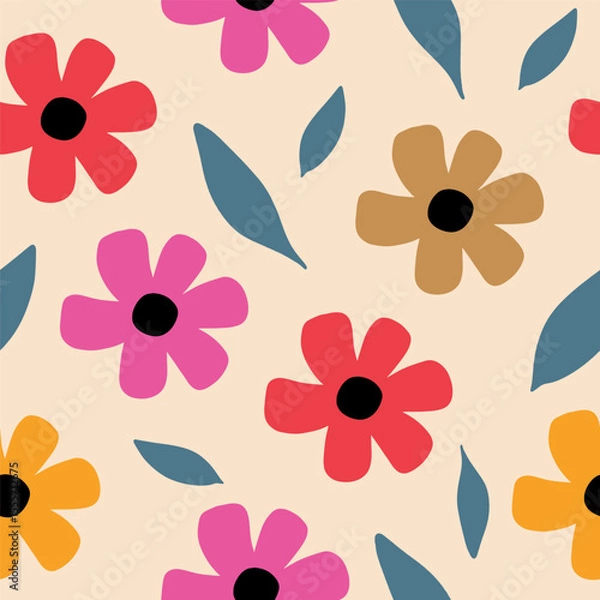 Fototapeta Seamless pattern with colorful flower. Cute hand drawn floral pattern for your fabric, summer background, wallpaper, backdrop, textile. Vector illustration