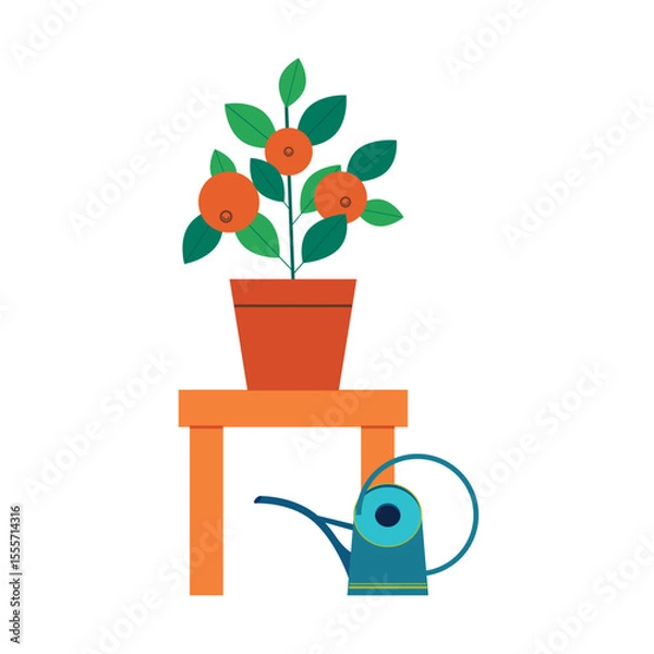 Obraz A potted orange tree and a watering can. Homegrown concept vector illustration.