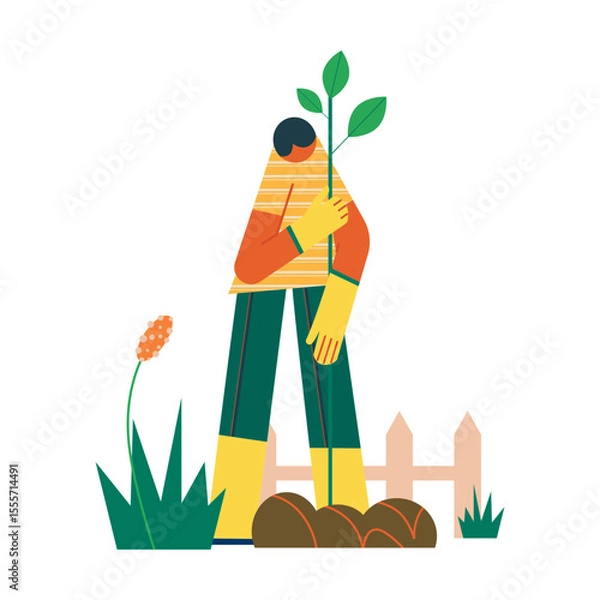 Obraz A man planting fruit tree saplings in his backyard. Homegrown concept vector illustration.