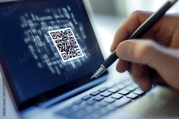 Obraz Hand holding stylus pointing at Q R code on laptop screen qr code digital