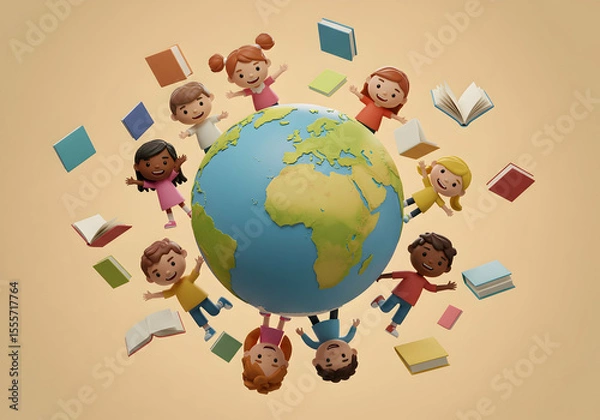 Fototapeta Diverse children surrounding globe learning and unity