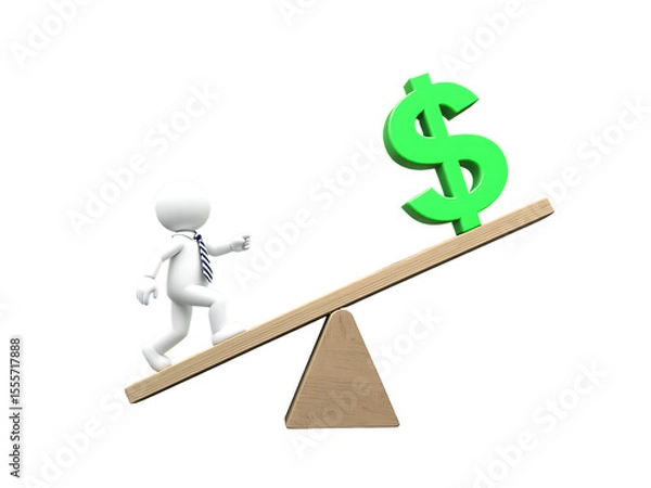 Fototapeta 3D Businessman Balancing on SeeSaw with Dollar Sign – Isolated on Transparent Background