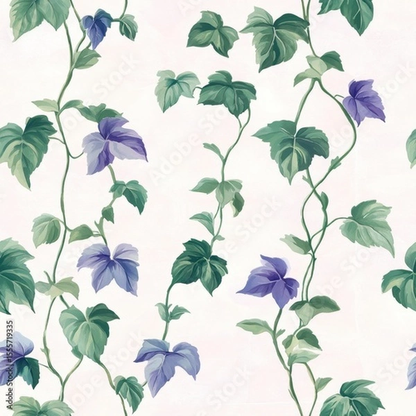 Fototapeta A seamless pattern with realistic ivy vines, mesmerizing and vibrant, minimalist design, soft colors 