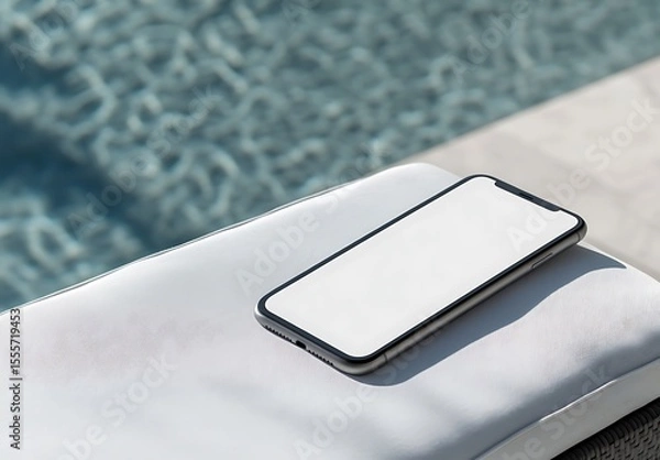 Obraz Modern smartphone resting on white cushion near swimming pool mobile phone device