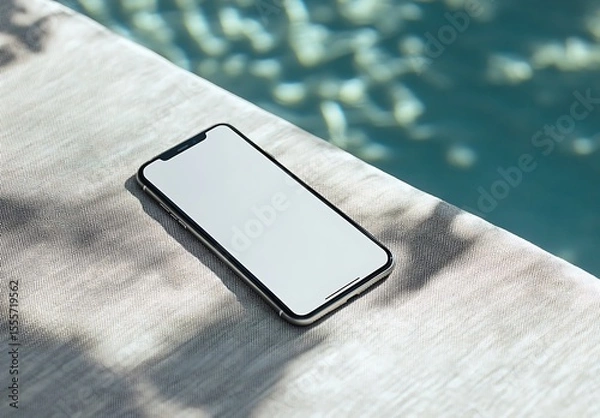 Obraz Modern smartphone resting on textured fabric beside shimmering water mobile phone technology