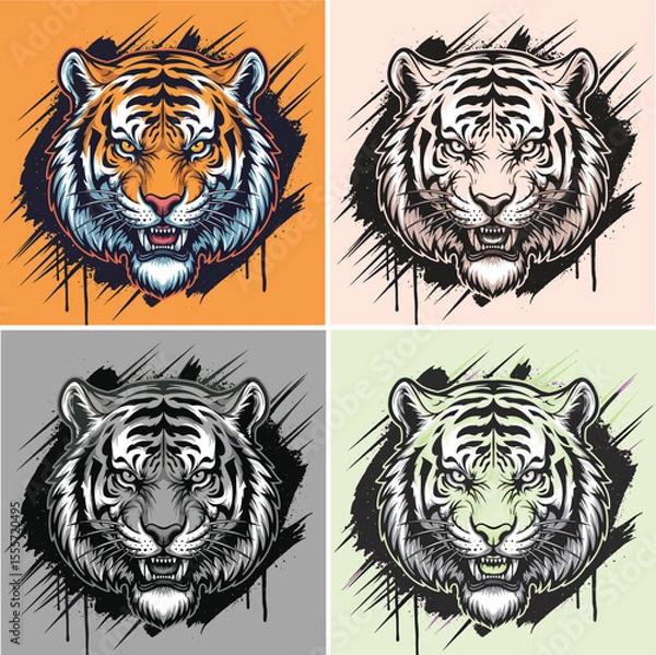 Fototapeta Set of fierce tiger head illustrations with street art style background, vector design for t-shirt prints and apparel