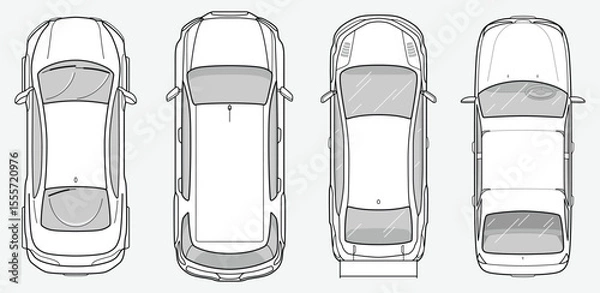 Obraz Set of model car sedan in top view. Taxi and ambulance car. Vehicles for planing architectural entourage. City transport in above view. Vector automotive collection