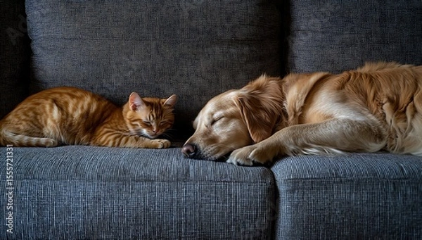 Obraz Orange tabby cat and golden retriever dog sleeping peacefully on a sofa napping