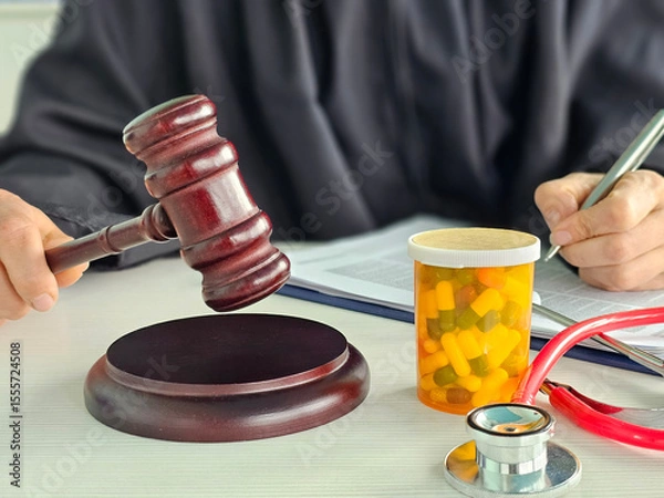 Fototapeta Courtroom settings highlight intersection of law, medicine, and justice through the use of a gavel and prescription bottle concept