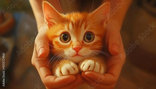 Obraz Tiny ginger kitten held in gentle hands orange paws