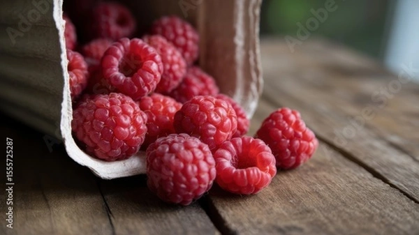 Obraz Fresh red raspberries spilling from carton onto rustic wooden table