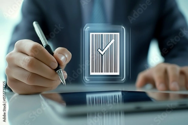 Obraz Business professional approving digital barcode with pen approval