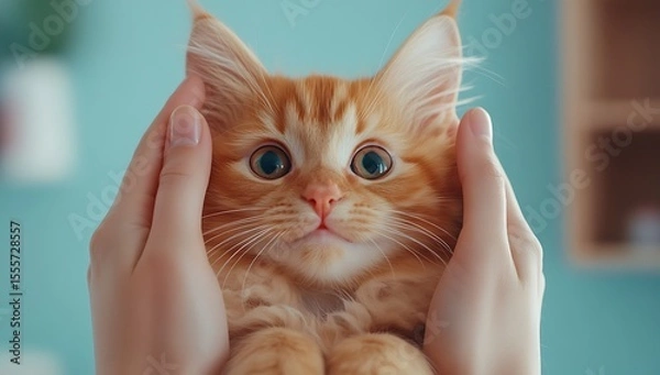 Obraz Ginger kitten held by hands orange