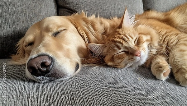 Obraz Golden retriever and ginger cat sleeping peacefully together on a sofa napping resting