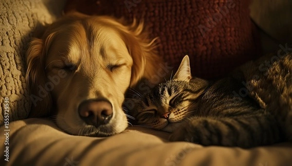 Obraz Golden Retriever and tabby cat sleeping peacefully together resting