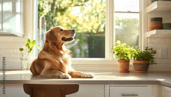 Obraz Golden retriever resting on kitchen counter near window animal