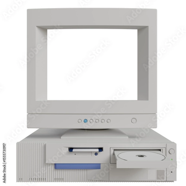 Fototapeta A vintage off-white desktop computer with a large CRT monitor, a floppy disk drive, and a CD-ROM drive, displayed against a transparent background, showcasing its retro design