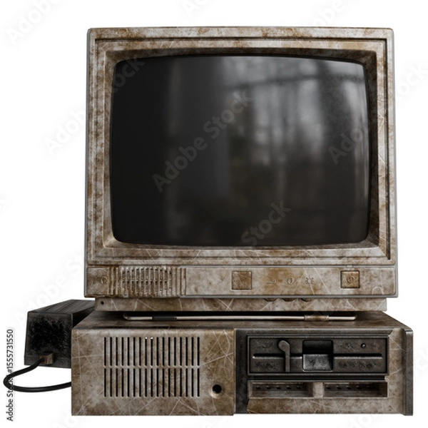 Fototapeta A heavily aged, beige CRT monitor and desktop computer system sits against a black background.  The unit is visibly dirty and dusty, showing significant wear and tear. 