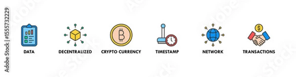 Obraz Blockchain banner web icon vector illustration concept with icon of data, decentralized, crypto currency, timestamp, network and transactions