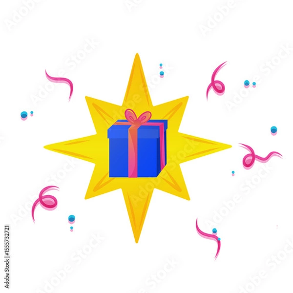 Fototapeta A colorful gift box with a ribbon sits at the center of a bright yellow star. Surrounding the star are festive confetti and streamers, creating a celebratory atmosphere.