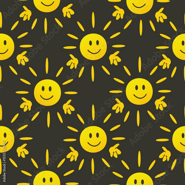 Fototapeta A repeating pattern of cheerful yellow suns with smiling faces and rays on a dark background. The design is playful and vibrant, suitable for various applications.