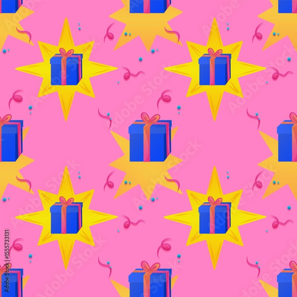 Fototapeta A repeating pattern of Colorful gift box with ribbon sits in the center of a bright yellow star on a pink background. Around the star are festive confetti and streamers creating a holiday atmosphere